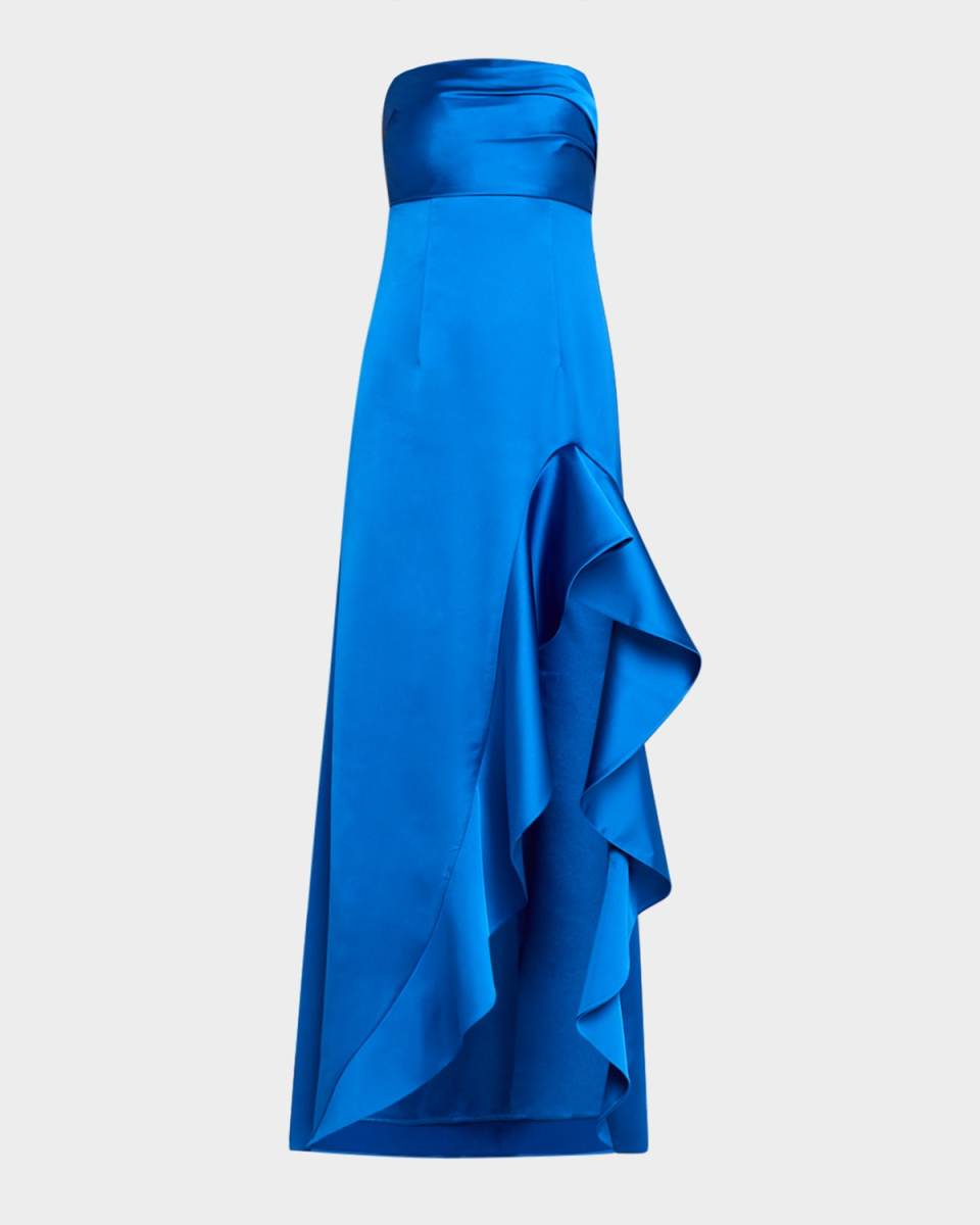 Strapless High-Low Ruffle Satin Gown